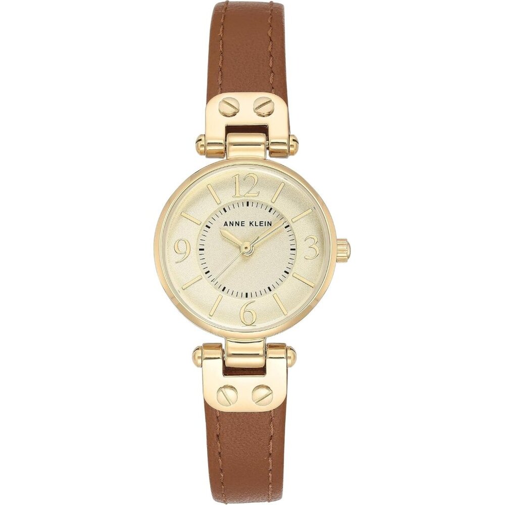 Women's Brown/Gold Domed Mineral Crystal Lens Leather Strap Closure Watch